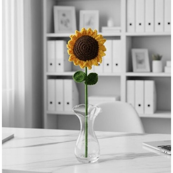 Crochet Sunflower Knit Handmade Artificial Flower Arrangement Yellow Decor Gift - Picture 1 of 6